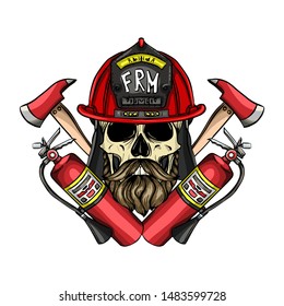 Hand drawn color sketch, fireman skull with helmet, beard and mustaches, fire extinguisher and axe. Poster, flyer design