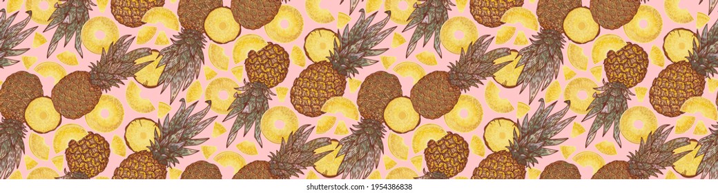 Hand drawn color sketch pineapple seamless border, slices, line art, vector illustration. Tropical pattern. Exotic fruits. Detailed food drawing for print, menu, market, label, poster, wrapping paper.