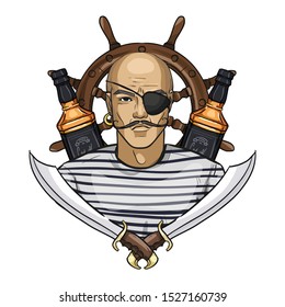 Hand drawn color sketch, pirate face with beard, steering wheel and bottle of rum. Poster, flyer design
