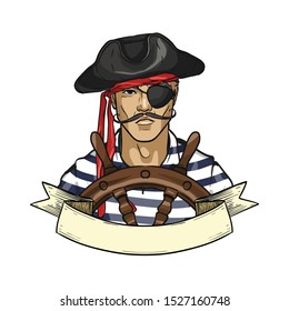 Hand drawn color sketch, pirate face with mustaches and hat. Poster, flyer design