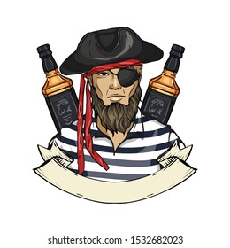 Hand drawn color sketch, pirate face with beard, hat and bottle of rum. Poster, flyer design