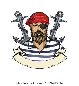 Hand drawn color sketch, pirate face with beard and mustaches and anchor. Poster, flyer design