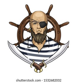 Hand drawn color sketch, pirate face with beard, and steering wheel. Poster, flyer design