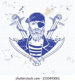 Hand drawn color sketch, pirate face with mustaches and beard and anchor. Poster, flyer design on a notebook page