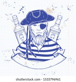 Hand drawn color sketch, pirate face with beard, hat and bottle of rum. Poster, flyer design on a notebook page