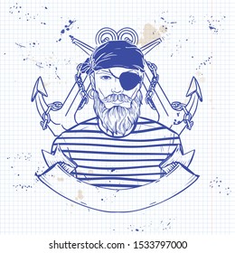 Hand drawn color sketch, pirate face with beard, and anchor. Poster, flyer design on a notebook page