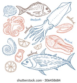 Hand drawn color sketch set of seafood. Set of seafood. Vector illustration. Salmon fish octopus tuna squid.
