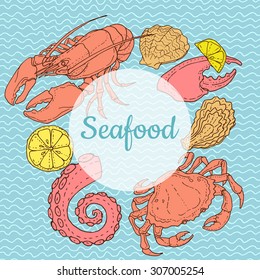 
Hand drawn color sketch set of seafood. Set of seafood. Vector illustration. Crab crustaceans lobster shrimp oyster claw mussel scallop.