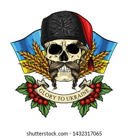 Hand drawn color sketch, skull with Ukrainian flag, spikes of wheat, branch of viburnum, hetman hat, mustaches. Poster, flyer design
