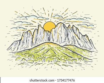Handgezeichnete Farbskizze Vektorgrafik mit Bergen, Klippen und Sonnenaufgang oder Sonnenuntergang. Vintage romantische Landschaft. Design für Druck, Postkarte, Poster, Abdeckung, Banner