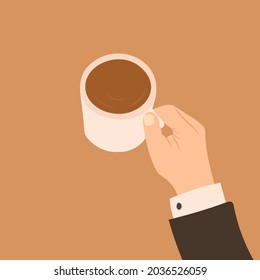 Hand drawn color sketch vector illustration of male hand holding coffee mug in top view. Isolated. Business office coffee time. Cup of joe.