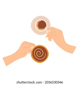 Dibujo de color dibujado a mano ilustración vectorial de las manos sosteniendo tazas de café en la vista superior. Concepto de diversidad, acogedor, cálido, amistoso, amor