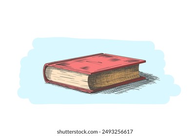 Hand drawn color sketch in vintage engraving style of closed book with red cover and yellowed pages on a blue background. Knowledge and learning concept. Vector illustration.