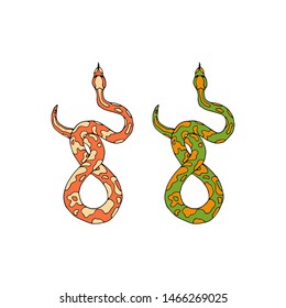 Hand drawn color snakes. Vector snake illustration.