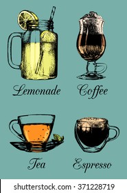 Hand drawn color soft drinks: lemonade, coffee, tea. Vector sketch illustrations set for restaurant, cafe, bar menu.