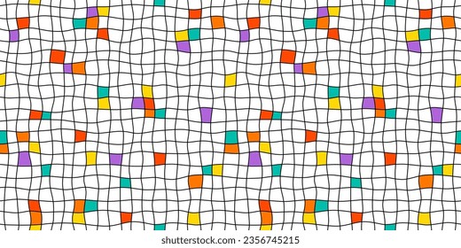 Hand drawn color square grid seamless pattern. Handdrawn irregular checks. Wave crossing lines background. Doodle student notebook sheet texture. Seamless geometric vector pattern. Vector illustration