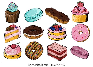 Hand drawn color sweet pastry set, vector