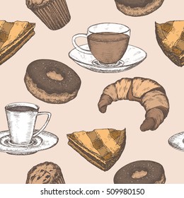 Hand drawn color tea, coffee and pastry seamless pattern with cups, apple pie, croissant, muffin and doughnut sketch. Great for bakery, restaurant, store and cafe design.