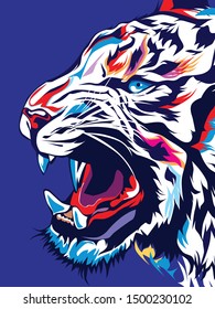 Hand drawn color tiger face. Tiger t-shirt graphics. Vector tiger head illustration.