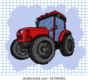 Hand drawn color tractor on copybook background. Vector illustration. 