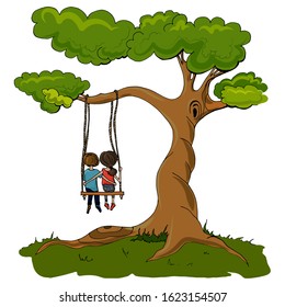 Hand Drawn Color tree with boy, girl and swing