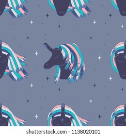 Hand Drawn color unicorn with finger hair in space pattern. Illustrations Drawing Vector Sketch for textile, print, postcard, poster, background, book, apparel, wallpaper