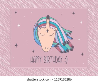 Hand Drawn color unicorn with funger hair Doodle card. Illustrations Drawing Vector Sketch for textile, print, postcard, text, invitation, poster, background, book, t-shirt, wallpaper