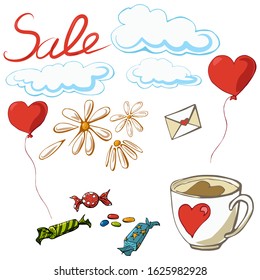 Hand drawn color valentine's elements: clouds, chamomiles, letter, balloons, cup of coffee, candies