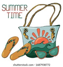 Playa vectorial de color dibujada a mano con bolsa, gafas de sol y zapatos