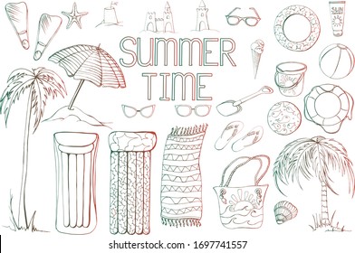 Hand drawn color vector beach elements