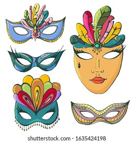 Hand drawn color vector carnival mask set