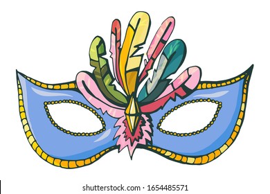 Hand drawn color vector carnival mask with feathers