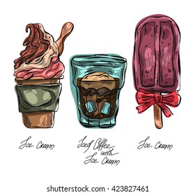 Hand drawn color vector graphic  iced coffee with ice cream illustration set.Sweet desert menu.