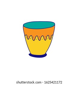 Hand drawn color vector illustration doodle of pot isolated on white background. Garden pot and container.  Design element for greeting card, textile, invitation, banner, print, book