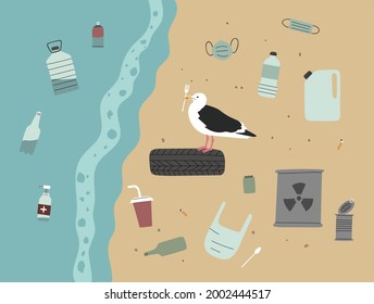 Handgezeichnete farbige Vektorgrafik eines Seegras am Strand verschmutzt mit Haushaltsmüll und Coronavirus covid-19 Abfall. Umweltverschmutzung. Hör auf mit Plastik. Umweltproblem