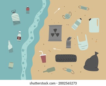 Hand drawn color vector illustration of the beach polluted with household  trash and Coronavirus covid-19 waste. Environmental pollution. Stop plastic. Ecological problem