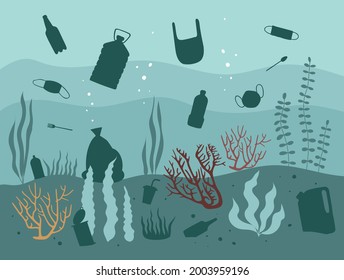 Hand drawn color vector illustration of the coral reef polluted with household trash and Coronavirus covid-19 waste. Environmental pollution. Stop plastic. Ecological problem