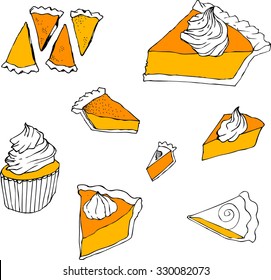 hand drawn color vector  illustration of pieces of traditional american pumpkin pie and muffin on white background 