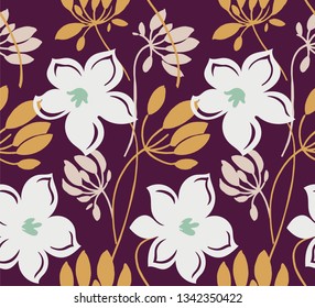  Hand drawn color vector seamless pattern. Abstract flowers with leaves, sketch drawing. Scandinavian style cartoon floral texture. Wrapping paper, textile, background fill.
