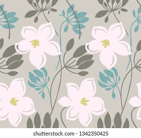  Hand drawn color vector seamless pattern. Abstract flowers with leaves, sketch drawing. Scandinavian style cartoon floral texture. Wrapping paper, textile, background fill.