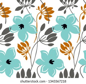  Hand drawn color vector seamless pattern. Abstract flowers with leaves, sketch drawing. Scandinavian style cartoon floral texture. Wrapping paper, textile, background fill.