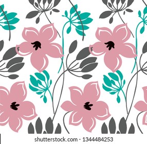  Hand drawn color vector seamless pattern. Abstract flowers with leaves, sketch drawing. Scandinavian style cartoon floral texture. Wrapping paper, textile, background fill.