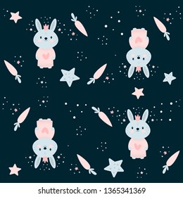 Hand drawn color vector seamless pattern with little bunny, carrots and stars. Happy birthday cartoon texture. Scandinavian illustration. Web, wrapping paper, textile, background fill 