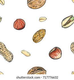 Hand drawn color vector seamless pattern of walnuts, hazelnuts, pistachios, peanuts. sketch. Vector eps 8.