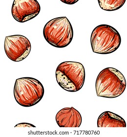 Hand drawn color vector seamless pattern of walnuts. sketch. Vector eps 8.