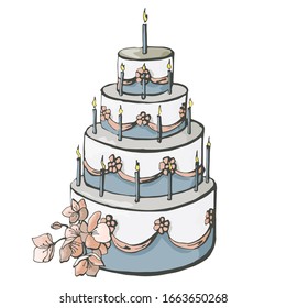 Hand drawn color vector wedding cake with flowers and candles