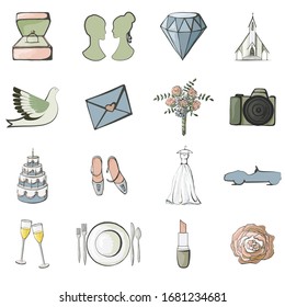 Hand drawn color vector wedding icon set