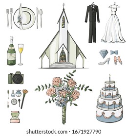 Hand drawn color wedding elements set : church, champagne, flowers, camera, make-up, ring, cake, dinner set, 
bride's dress, 
groom's suit, 
shoes. Vector illustrations