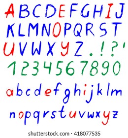 Hand drawn colored alphabet, written cartoon font with capital and lowercase letters, also numbers and punctuation. Isolated on white. Daneehand font in color. Vector illustration
