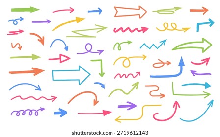 Dibujado a mano flechas de colores de diferentes Formas y direcciones sobre fondo negro